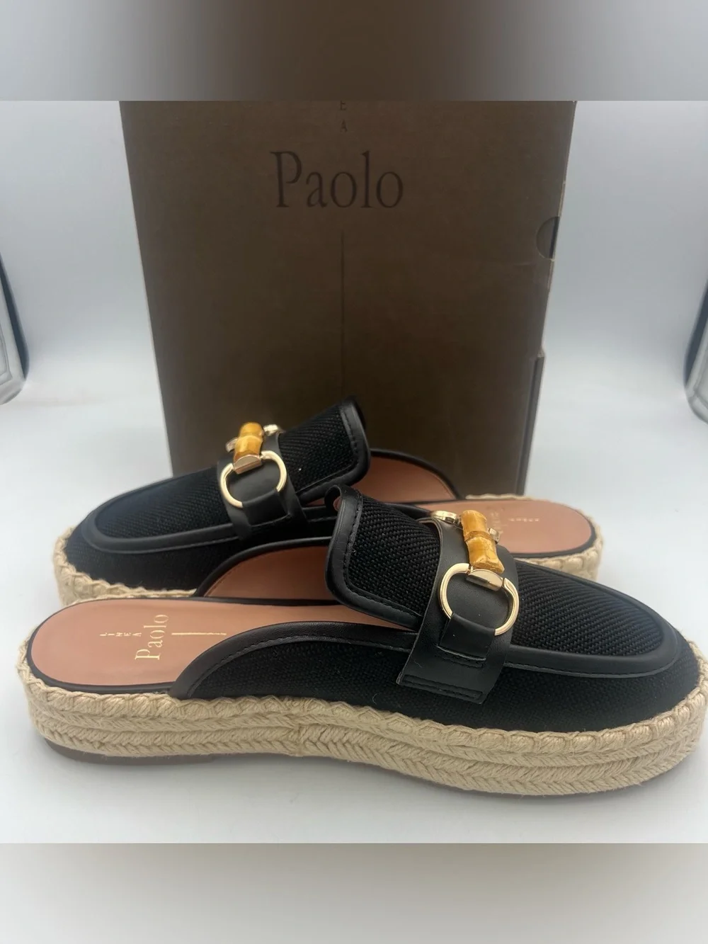 Linea Paolo Shiloh Bamboo Espadrille Mules Black w/Nappa Leather Trim Size 9 NWB